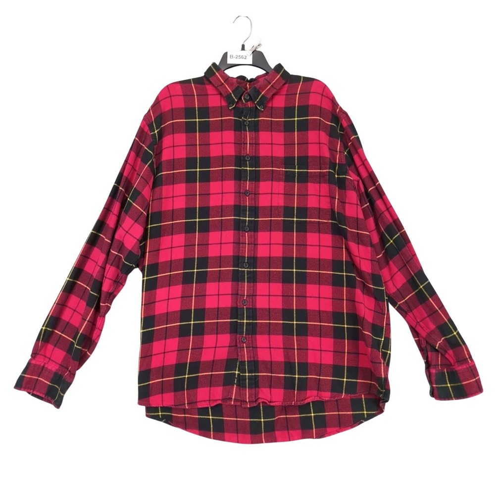 Lands' End Red Plaid Flannel Button Down Shirt Mens 2XL Tall Grunge Lumberjack